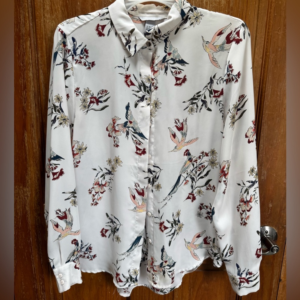 H&M White Floral Bird Print Shirt